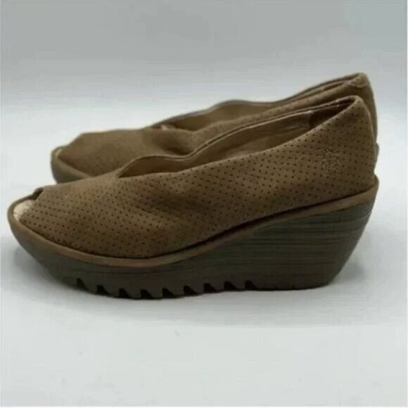 Fly London Yury Peep Toe Wedge Tan Shoe Nubuck Perforated Size EU 38 - Picture 3 of 10